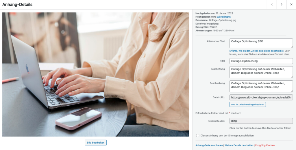 Screenshot vom WordPress Bilder-Mediathek wie man Alt-Texte und Beschreibungen einfügt
